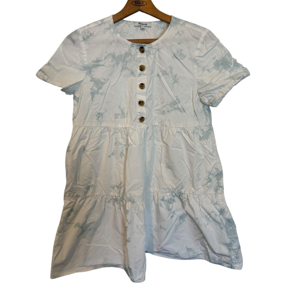 Madewell Women's S Blue White Tie Dye 100% Cotton Tiered Mini Dress Short Sleeve - Picture 3 of 7